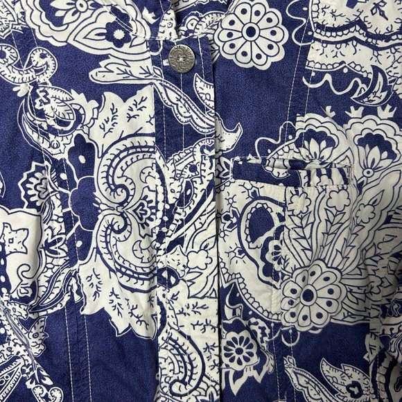 Chico's Paisley Print Denim Jacket Button Front Long Sleeve‎ Blue White Size 0 - Picture 2 of 5